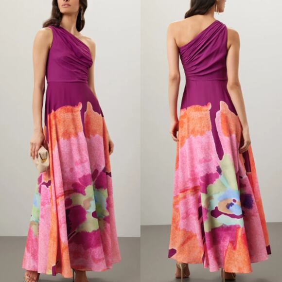 NWT AMUR Atlas One Shoulder Ruched FloralGown Dress Deep...